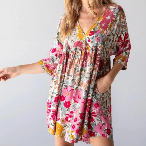 NATURAL LIFE Stella Babydoll Mini Dress Large NWT Pink Floral Boho - Picture 3 of 10